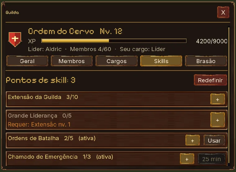 Janela de guilda com nível, experiência, abas e habilidades de guilda