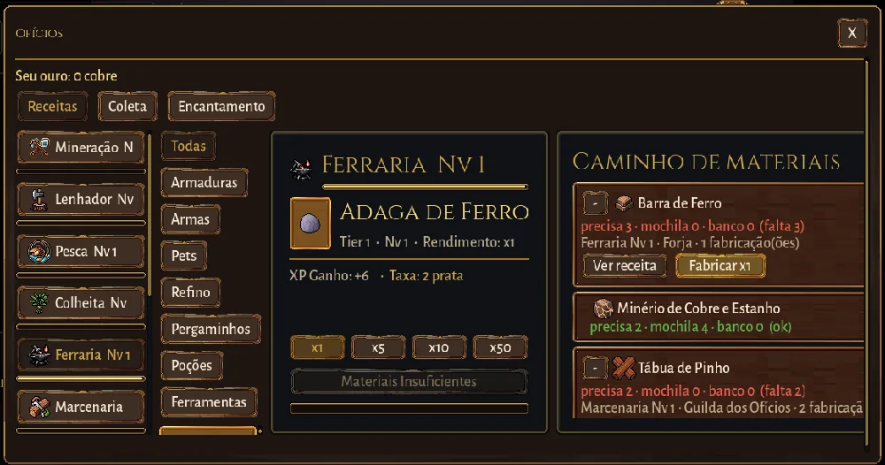 Janela de Ofícios com a receita de Adaga de Ferro e o caminho de materiais
